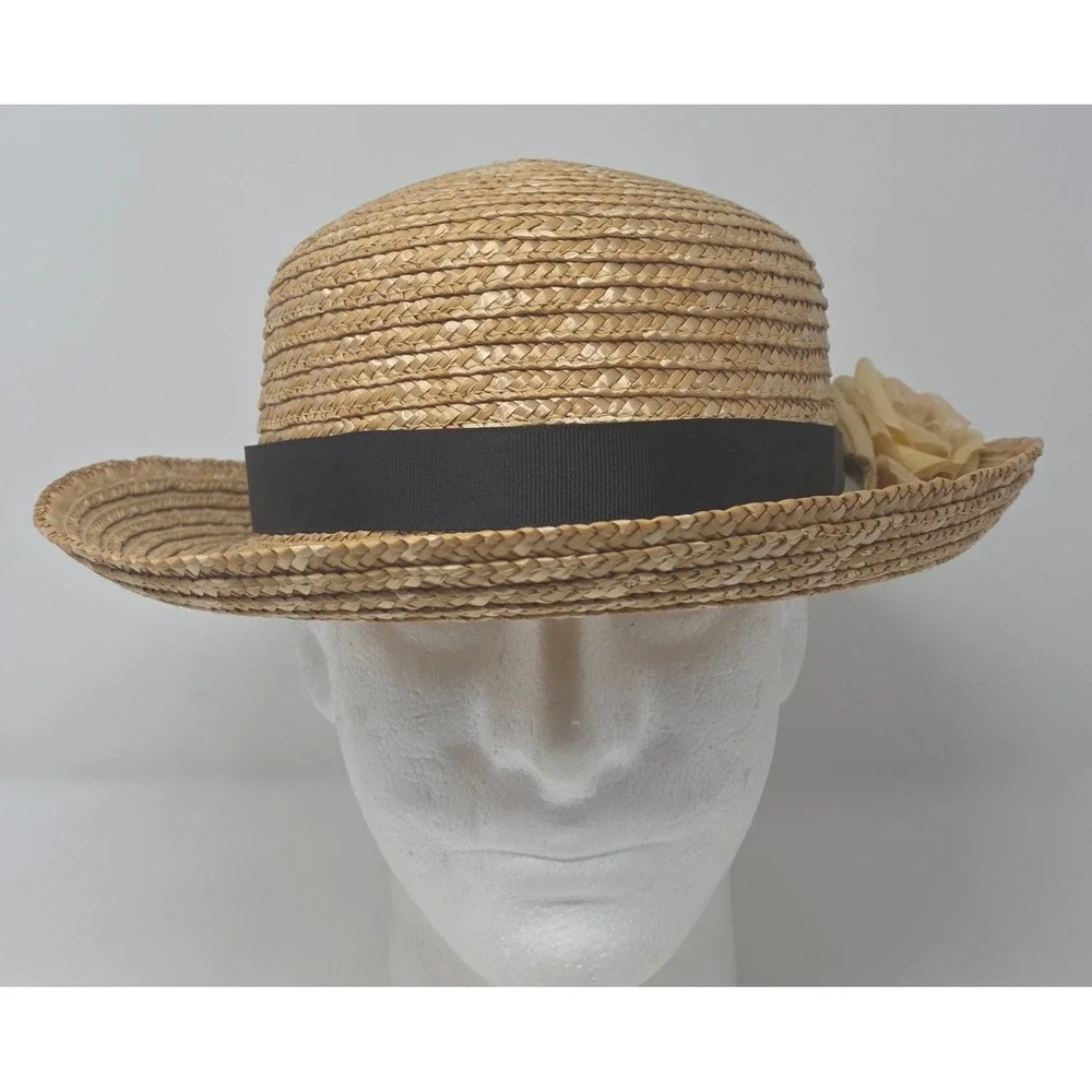 Ellen Deering Original Straw Boater Hat Womens 7-1/8 Tan Floral Ribbon